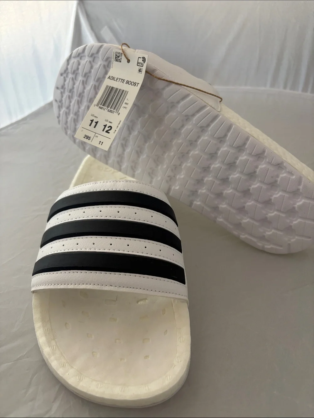 New Adidas Adilette Boost White Slide Sandals with Black Stripes Men’s size 11